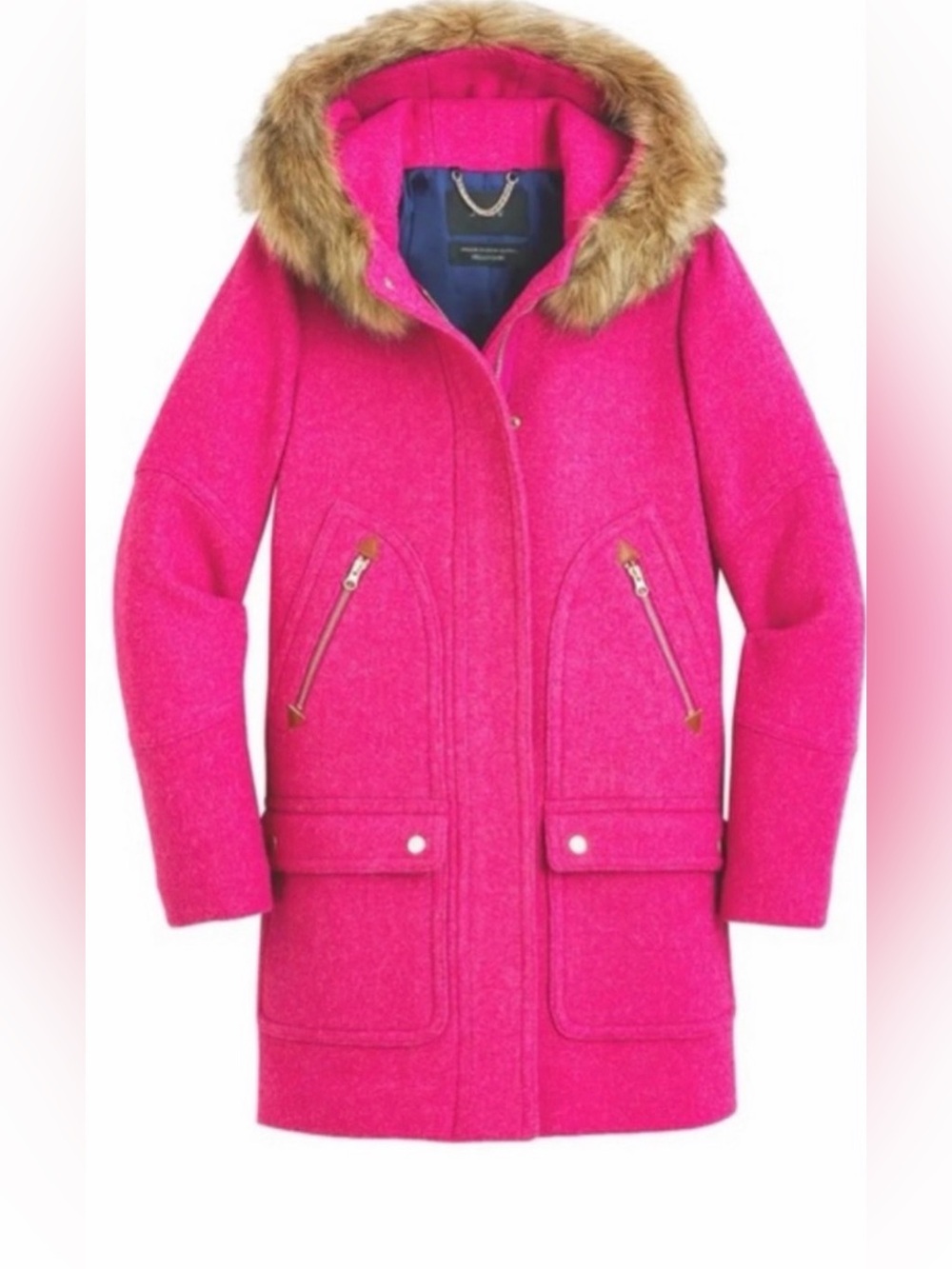 J. Crew Women’s Hot Pink Wool-Blend Chateau Parka with Removable Faux-Fur Hood